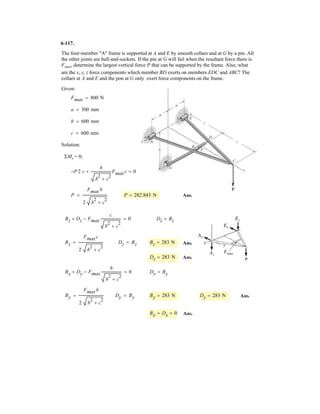 5 4
Draw the free-body diagram of the hand punch, which is pinned at A and bears down on the
smooth surface at B.
Given:
F 40 N
a 0.45 m
b 0.06 m
c 0.6 m
Solution:
–
 