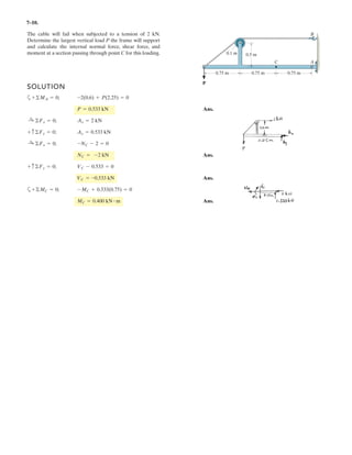 5 24.
The platform assembly has weight W1 and center of gravity at G1. If it is intended to support a
maximum load W2 placed at point G2,,determine the smallest counterweight W that should be
placed at B in order to prevent the platform from tipping over.
Given:
W1 1000N
W2 1600N
a 0.5m
b 3m
c 0.5m
d 4m
e 3m
f 1m
Solution:
When tipping occurs, Rc = 0
6MD 0= ; W2 f˜ W1 c˜ WB b c( )˜ 0=
WB
W2 f˜ W1 c˜
b c

WB 314 N Ans.
–
 