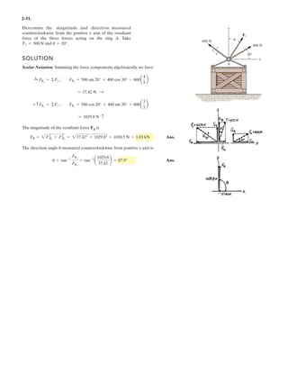 2–39.
Resolve each force acting on the support into its x and
y components, and express each force as a Cartesian vector.
SOLUTION
Ans.
Ans.
Ans.
= {600i - 250j} N
F3 = e650a
12
13
b(+i) + 650a
5
13
b(-j)f N
= {-424i + 424j} N
F2 = {600 sin 45°(-i) + 600 cos 45°(+j)} N
= {400i + 693j} N
F1 = {800 cos 60°(+i) + 800 sin 60°(+j)} N
F1 ϭ 800 NF2 ϭ 600 N
45Њ
60Њ
F3 ϭ 650 N
5
12
13
x
y
 