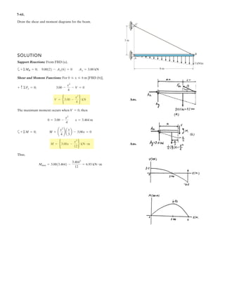 5–35.
The toggle switch consists of a cocking lever that is pinned to
a fixed frame at A and held in place by the spring which has
an unstretched length of 250 mm. Determine the magnitude
of the resultant force at A and the normal force on the peg
at B when the lever is in the position shown.
SOLUTION
a
Ans.
Ans.FA = 2(2.0801)2
+ (-1.4187)2
= 2.52 N
Ay = -1.4187 N
+a©Fy = 0; Ay + 1.89159 - 2.1332 sin 12.808° = 0
Ax = 2.0801 N
Q+©Fx = 0; Ax - 2.1332 cos 12.808° = 0
NB = 1. 9159 N = 1. 9 N
+ ©MA = 0; -(2.1332 sin 12.808°)(0.4) + NB (0.1) = 0
Fs = ks = 5(0.67664 - 0.25) = 2.1332 N
sin u
0.3
=
sin 150°
0.67664
; u = 12.808°
l = 2(0.3)2
+ (0.4)2
- 2(0.3)(0.4)cos 150° = 0.67664 m
100 mm
30Њ
A
300 mm
k ϭ 5 N/m
300 mm
B
8 8
 