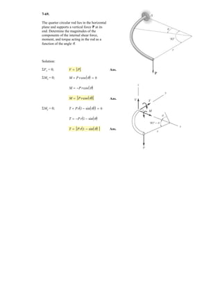 5–37.
SOLUTION
a
Ans.
Ans.
Ans.Ay = 681 N
+ c©Fy = 0; Ay - 800 - 350 +
3
5
(781.6) = 0
Ax = 625 N
:+ ©Fx = 0; Ax -
4
5
(781.6) = 0
FCB = 781.6 = 782 N
+
4
5
FCB (2.5 sin 30°) +
3
5
FCB(2.5 cos 30°) = 0
+©MA = 0; -800(1.5 cos 30°) - 350(2.5 cos 30°)
The boom supports the two vertical loads. Neglect the size
of the collars at D and B and the thickness of the boom,
and compute the horizontal and vertical components of
force at the pin A and the force in cable CB. Set
and F2 = 350 N.F1 = 800 N
1.5 m
30Њ
3
C
B
F1
F2
D
A
4
5
1 m
 