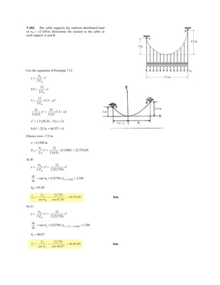 800 N 600 N
0.4 m
0.4 m0.8 m
0.8 m
y
B
A
x
z
5–71.
Determine the support reactions at the smooth collar and
the normal reaction at the roller support .
SOLUTION
Equations of Equilibrium: From the free-body diagram, Fig. a, , , and
can be obtained by writing the moment equations of equilibrium about the x and
z axes and the force equation of equilibrium along the y axis.
Ans.
Ans.
Ans.
Using the result and writing the moment equation of equilibrium
about the y axis and the force equation of equilibrium along the z axis, we have
Ans.
Ans.
The negative sign indicates that acts in the opposite sense to that shown on
the free-body diagram. If we write the force equation of equilibrium along the
x axis, and so equilibrium is satisfied.©Fx = 0,
(MA)y
Az = 400 N
Az + 1000 - 800 - 600 = 0©Fz = 0;
(MA)y = -560 N # m
(MA)y - 600(0.4) + 1000(0.8) = 0©My = 0;
NB = 1000 N
Ay = 0©Fy = 0;
(MA)z = 0©Mz = 0;
NB = 1000 N
NB(0.8 + 0.8) - 800(0.8) - 600(0.8 + 0.8) = 0©Mx = 0;
Ay(MA)zNB
B
A
 