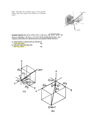 2–47.
SOLUTION
Since ,
Ans.
From the figure,
tan u =
F1 sin f
Ans.
F2 + F1 cos f
tanu =
F1 sin f
F2 + F1 cos f
FR = 2F2
1 + F2
2 + 2F1F2 cos f
cos (180° - f) = -cos f
F2
R = F2
1 + F2
2 - 2F1F2 cos (180° - f)
Determine the magnitude and direction u of the resultant
force Express the result in terms of the magnitudes of
the components and and the angle f.F2F1
FR.
F1 FR
F2
u
f
–1
≤¢
 