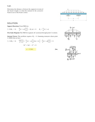 5 8
Determine the tension in cables BD and CD and the x, y, z components of reaction at the
ball-and-socket joint at A.
Given:
F 300 N
a 3 m
b 1 m
c 0.5 m
d 1.5 m
Solution:
rBD
b
d
a
§
¨
¨
©
·
¸
¸
¹
rCD
b
d
a
§
¨
¨
©
·
¸
¸
¹
Initial Guesses: TBD 1 N TCD 1 N Ax 1 N Ay 1 N Az 1 N
Given
Ax
Ay
Az
§
¨
¨
¨
©
·
¸
¸
¸
¹
TBD
rBD
rBD
 TCD
rCD
rCD

0
0
F
§
¨
¨
©
·
¸
¸
¹
 0
d
d
0
§
¨
¨
©
·
¸
¸
¹
TBD
rBD
rBD
§
¨
©
·
¸
¹
u
d
d
0
§
¨
¨
©
·
¸
¸
¹
TCD
rCD
rCD
§
¨
©
·
¸
¹
u
d c
0
0
§
¨
¨
©
·
¸
¸
¹
0
0
F
§
¨
¨
©
·
¸
¸
¹
u 0
2.–
 