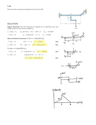 5–83.
Both pulleys are fixed to the shaft and as the shaft turns
with constant angular velocity, the power of pulley A is
transmitted to pulley B. Determine the horizontal tension T
in the belt on pulley B and the x, y, z components of
reaction at the journal bearing C and thrust bearing D if
The bearings are in proper alignment and exert only
force reactions on the shaft.
u = 0°.
300 mm
250 mm
150 mm
80 mm
200 mm
θ
T
50 N
z
y
A
BC
D
x
80 N
65 N
SOLUTION
Equations of Equilibrium:
Ans.
Ans.
Ans.
Ans.
Ans.
Ans.Dz = 58.0 N
Dz + 87.0 - 80 - 65 = 0©Fz = 0;
Dy = 79.2 N
Dy + 28.8 - 50 - 58.0 = 0©Fy = 0;
Dx = 0©Fx = 0;
Cy = 28.8 N
150 + 58.0210.22 - Cy 10.752 = 0©Mz = 0;
Cz = 87.0 N
165 + 80210.452 - Cz 10.752 = 0©My = 0;
T = 58.0 N
6510.082 - 8010.082 + T10.152 - 5010.152 = 0©Mx = 0;
 