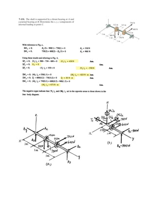 5–84.
Both pulleys are fixed to the shaft and as the shaft turns
with constant angular velocity, the power of pulley A is
transmitted to pulley B. Determine the horizontal tension T
in the belt on pulley B and the x, y, z components of
reaction at the journal bearing C and thrust bearing D if
The bearings are in proper alignment and exert
only force reactions on the shaft.
u = 45°.
300 mm
250 mm
150 mm
80 mm
200 mm
θ
T
50 N
z
y
A
BC
D
x
80 N
65 N
SOLUTION
Equations of Equilibrium:
Ans.
Ans.
Ans.
Ans.
Ans.
Ans.Dz = 32.1 N
Dz + 77.57 + 50 sin 45° - 80 - 65 = 0©Fz = 0;
Dy = 68.5 N
Dy + 24.89 - 50 cos 45° - 58.0 = 0©Fy = 0;
Dx = 0©Fx = 0;
Cy = 24.89 N = 24.9 N
58.010.22 + 50 cos 45°10.22 - Cy 10.752 = 0©Mz = 0;
Cz = 77.57 N = 77.6 N
165 + 80210.452 - 50 sin 45°10.22 - Cz 10.752 = 0©My = 0;
T = 58.0 N
6510.082 - 8010.082 + T10.152 - 5010.152 = 0©Mx = 0;
 