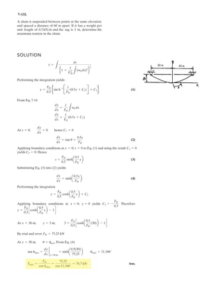 5–85.
If the roller at B can sustain a maximum load of
3 kN, determine the largest magnitude of each of the three
forces F that can be supported by the truss.
SOLUTION
Equations of Equilibrium: The unknowns Ax and Ay can be eliminated by summing
moments about point A.
a
Ans.F = 0.3536 kN = 354 N
+©MA = 0; F(6) + F(4) + F(2) - 3 cos 45°(2) = 0
A
B
2 m 2 m 2 m
45
2 m
FFF
 