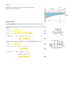 5–87.
SOLUTION
Equations of Equilibrium: Each shelf’s post at its end supports half of the applied
load, ie, .The normal reaction NB can be obtained directly
by summing moments about point A.
a Ans.
The force resisted by the bolt at A is
Ans.FA = 2A2
x + Ay
2
= 24002
+ 6002
= 721 N
+ c©Fy = 0; Ay - 600 =0 Ay = 600 N
:+ ©Fx = 0; 400 - Ax = 0 Ax = 400 N
+©MA = 0; NB (0.15) - 600(0.1) =0 NB = 400 N
4000 (0.2) (0.75) = 600 N
The symmetrical shelf is subjected to a uniform load of 4 kPa.
Support is provided by a bolt (or pin) located at each end A
and and by the symmetrical brace arms, which bear
against the smooth wall on both sides at B and Determine
the force resisted by each bolt at the wall and the normal
force at B for equilibrium.
B¿.
A¿
0.2 m
0.15 m
4 kPa
1.5 mA
A¿
B
B¿
 