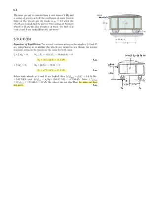 6–3.
Determine the force in each member of the truss, and state
if the members are in tension or compression. Set .
SOLUTION
Support Reactions: Applying the equations of equilibrium to the free-body diagram
oftheentiretruss,Fig.a, wehave
a
Method of Joints: We will use the above result to analyze the equilibrium of
joints C and A, and then proceed to analyze of joint B.
Joint C: From the free-body diagram in Fig. b, we can write
Ans.
Ans.
Joint A: From the free-body diagram in Fig. c, we can write
Ans.
Ans.
Joint B: From the free-body diagram in Fig. d, we can write
Ans.
Note: The equilibrium analysis of joint D can be used to check the accuracy of the
solution obtained above.
4.167 - 4.167 = 0 (check!)©Fx = 0;:
+
FBD = 4 kN (T)
FBD - 4 = 0+ c ©Fy = 0;
FAB = 4.167 kN = 4.17 kN (T)
FAB - 3 - 1.458a
4
5
b = 0©Fx = 0;:
+
FAD = 1.458 kN = 1.46 kN (C)
0.875 - FAD a
3
5
b = 0+ c ©Fy = 0;
FCB = 4.167 kN = 4.17 kN (T)
5.208 a
4
5
b - FCB = 0©Fx = 0;:
+
FCD = 5.208 kN = 5.21 kN (C)
3.125 - FCD a
3
5
b = 0+ c ©Fy = 0;
Ay = 0.875 kN
Ay + 3.125 - 4 = 0+ c©Fy = 0;
Ax = 3 kN
3 - Ax = 0©Fx = 0;:
+
NC = 3.125 kN
NC (2 + 2) - 4(2) - 3(1.5) = 0+©MA = 0;
u = 0°
A C
B
D
2 m
4 kN
3 kN
2 m
1.5 m
u
 