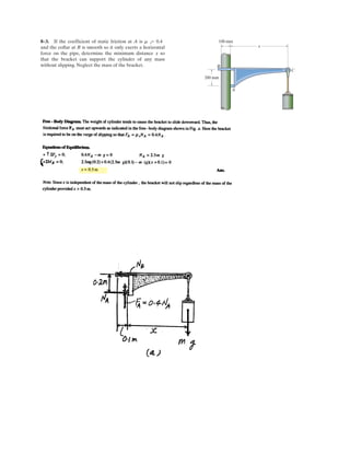6–5.
Determine the force in each member of the truss, and state
if the members are in tension or compression.
SOLUTION
Method of Joints: Here, the support reactions A and C do not need to be determined.
We will first analyze the equilibrium of joints D and B, and then proceed to analyze
joint C.
Joint D: From the free-body diagram in Fig. a, we can write
Ans.
Ans.
Joint B: From the free-body diagram in Fig. b, we can write
Ans.
Ans.
Joint C: From the free-body diagram in Fig. c, we can write
Ans.
Note: The equilibrium analysis of joint A can be used to determine the components
of support reaction at A.
NC = 600 N
400 + 282.84 cos 45° - NC = 0©Fx = 0;:
+
FCA = 282.84 N = 283 N (C)
FCA sin 45° - 200 = 0+ c ©Fy = 0;
FBC = 200 N (T)
FBC - 200 = 0+ c©Fy = 0;
FBA = 250 N (T)
250 - FBA = 0©Fx = 0;:
+
FDA = 300 N (C)
FDA - 300 = 0+ c©Fy = 0;
FDC = 400 N (C)
400 - FDC = 0©Fx = 0;:
+
400 N
300 N
200 N
250 N
2 m
2 m
A
B
D C
 
