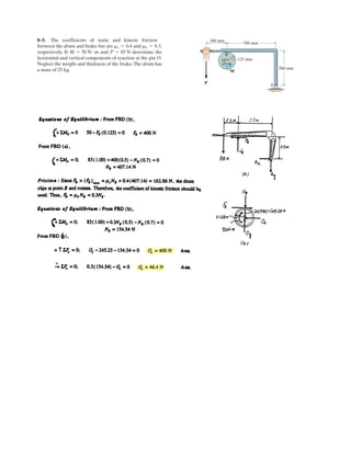 6–7.
Determine the force in each member of the Pratt truss, and
state if the members are in tension or compression.
SOLUTION
Joint A:
Joint B:
Joint L:
Joint C:
Joint K:
Joint J:
Ans.
Due to Symmetry
Ans.
Ans.
Ans.
Ans.
Ans.
Ans.FKD = FID = 7.45 kN (C)
FKJ = FIJ = 23.6 kN (C)
FCK = FEI = 10 kN (T)
FBL = FFH = FLC = FHE = 0
FAB = FGF = FBC = FFE = FCD = FED = 20 kN (T)
FAL = FGH = FLK = FHI = 28.3 kN (C)
FJD = 33.3 kN (T)
2 (23.57 cos 45°) - FJD = 0+ c ©Fy = 0;
FJI = 23.57 kN (L)
23.57 sin 45° - FJI sin 45° = 0©Fx = 0;:
+
FKJ = 23.57 kN (C)
28.28 - 10 cos 45° + 7.454 sin (45° - 26.57°) - FKJ = 0+Q©Fy = 0;
FKD = 7.454 kN (L)
10 sin 45° - FKD cos (45° - 26.57°) = 0R+©Fx - 0;
FCK = 10 kN (T)
FCK - 10 = 0+ c©Fy = 0;
FCD = 20 kN (T)
FCD - 20 = 0©Fx = 0;:
+
FLK = 28.28 kN (C)
28.28 - FLK = 0+Q©Fy = 0;
FLC = 0R+©Fx = 0;
FBL = 0+ c©Fy = 0;
FBC = 20 kN (T)
FBC - 20 = 0©Fx = 0;:
+
FAB = 20 kN (T)
FAB - 28.28 cos 45° = 0©Fx = 0;:
+
FAL = 28.28 kN (C)
20 - FAL sin 45° = 0+ c ©Fy = 0;
A
B C D E F
G
H
I
J
K
L
2 m
2 m
2 m 2 m
10 kN 10 kN
20 kN
2 m 2 m 2 m
2 m
2 m
 