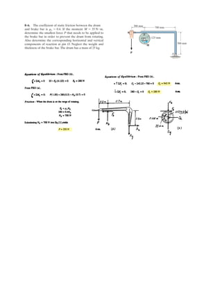 Determine the force in each member of the truss and state if the members are in tension or
compression. Hint: The horizontal force component at A must be zero. Why?
8QLWV 8VHG
N1 10
3
1
*LYHQ
) 600N1
) 800N1
D 4P
E 3P
T 60GHJ
6ROXWLRQ
Initial Guesses
)%$ 1N1 )%' 1N1 )% 1N1 )' 1N1
*LYHQ
Joint C )% ) FRV T( )˜ 0= )' ) VLQ T( )˜ 0=
Joint B )% )%'
E
D
2
E
2

˜ 0= )%$ )%'
D
D
2
E
2

˜ ) 0=
Positive means Tension
Negative means
Compression
)%$
)%'
)%
)'
§
¨
¨
¨
¨
¨
©
·
¸
¸
¸
¸
¸
¹
)LQG )%$ )%' )% )'  