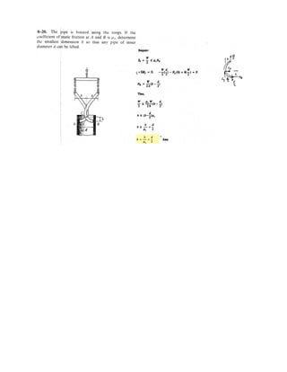 6–20.
Determine the force in each member of the truss in terms of
the load P, and indicate whether the members are in tension
or compression.
SOLUTION
Support Reactions:
a
Method of Joints: By inspection of joint C, members CB and CD are zero force
members. Hence
Ans.
Joint A:
Ans.
Ans.
Joint B:
(1)
(2)
Solving Eqs. (1) and (2) yield,
Ans.
Ans.
Joint F:
Ans.
Ans.
Joint D:
Ans.
:+ ©Fy = 0; 2B0.3727P¢
0.5
21.25
≤ R - 0.3333P = 0 (Check!)
FDE = 0.3727P (C) = 0.373P (C)
+ c©Fy = 0; FDE¢
1
21.25
≤ - 0.3727P¢
1
21.25
≤ = 0
FFD = 0.3333P (T) = 0.333P (T)
:+ ©Fx = 0; FFD + 2B1.863P¢
0.5
21.25
≤ R - 2.00P = 0
FFE = 1.863P (T) = 1.86P (T)
+ c©Fy = 0; 1.863P¢
1
21.25
≤ - FFE¢
1
21.25
≤ = 0
FBD = 0.3727P (C) = 0.373P (C)
FBF = 1.863P (T) = 1.86P (T)
1.333P + 0.8944FBD - 0.8944FBF = 0
+ c©Fy = 0; 2.404P¢
1
23.25
≤ + FBD¢
1
21.25
≤ - FBF¢
1
21.25
≤ = 0
1.00P - 0.4472FBF - 0.4472FBD = 0
:+ ©Fx = 0; 2.404P¢
1.5
23.25
≤ - P - FBF¢
0.5
21.25
≤ - FBD¢
0.5
21.25
≤ = 0
FAF = 2.00P (T)
:+ ©Fx = 0; FAF - 2.404P¢
1.5
23.25
≤ = 0
FAB = 2.40P (C) = 2.40P (C)
+ c©Fy = 0; FAB ¢
1
23.25
≤ -
4
3
P = 0
FCB = FCD = 0
:+ ©Fx = 0; Ex - P = 0 Ex = P
+ c ©Fy = 0;
4
3
P - Ey = 0 Ey =
4
3
P
+©ME = 0; P(2d) - Ay a
3
2
db = 0 Ay =
4
3
P
A
B
C
DF
E
P
d
d
d d/2 d/2 d
 