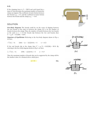 6–22.
SOLUTION
c
Joint F:
(1)
Joint C:
Joint A:
From Eq.(1), and Symmetry,
Ans.
Ans.
Ans.
Ans.
Ans.
Ans.
Ans.
Ans.
Ans.FCD = 0.471 P (C)
FEC = 1.41 P (T)
FBD = 1.49 P (C)
FBF = 1.41 P (T)
FAC = 1.49 P (C)
FAE = 1.67 P (T)
FAB = 0.471 P (C)
FFD = 1.67 P (T)
FFE = 0.667 P (T)
FAE =
5
3
P = 1.67 P (T)
:+ ©Fx = 0; FAE -
22
3
Pa
1
22
b -
225
3
Pa
2
25
b = 0
FCD =
22
3
P = 0.4714P = 0.471P (C)
FCA =
225
3
P = 1.4907P = 1.49P (C)
2
25
FCA -
1
22
FCD = P
:+ ©Fx = 0; FCA a
2
25
b - 22Pa
1
22
b - FCDa
1
22
b = 0
FCA
1
25
- 22P
1
22
+ FCD
1
22
= 0
FFD - FFE = P
1
2
FFB = = 1.41 P (T)
:+ ©Fy = 0; FFB a
2
b - = 0
22P
P
:+ ©Fx = 0; FFD - FFE - FFBa
1
22
b = 0
+ c ©Fy = 0; Ay = P
Dy = P
+©MA = 0; Pa
L
3
b + Pa
2L
3
b - (Dy)(L) = 0
Determine the force in each member of the double scissors
truss in terms of the load P and state if the members are in
tension or compression.
= 22P
Similarly,
FEC
Similarly,
FFD=1.67 P (T)
A
DFE
P P
B C
L/3
L/3L/3L/3
+c ©Fy = 0;
 