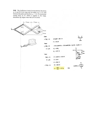 6–24.
Each member of the truss is uniform and has a weight W.
Remove the external force P and determine the approximate
force in each member due to the weight of the truss. State if
the members are in tension or compression. Solve the
problem by assuming the weight of each member can be
represented as a vertical force, half of which is applied at
each end of the member.
SOLUTION
Entire truss:
a
Joint D:
Ans.
Ans.
Joint C:
Ans.
Ans.
Due to symmetry:
Ans.
Ans.
Ans.FAE = FDE = 1.44 W (T)
FAB = FCD = 2.89 W (C)
FBE = FCE = 1.15 W (T)
FBC = 2.02 W (C)
:+ ©Fx = 0; FBC - 1.1547W cos 60° - 2.887W cos 60° = 0
FCE = 1.1547W = 1.15 W (T)
+ c©Fy = 0; 2.887W sin 60° -
3
2
W - FCE sin 60° = 0
FDE = 1.44 W (T)
:+ ©Fx = 0; 2.887W cos 60° - FDE = 0
FCD = 2.887W = 2.89 W (C)
+ c ©Fy = 0;
7
2
W - W - FCD sin 60° = 0
Dy =
7
2
W
+©MA = 0; -
3
2
Wa
L
2
b - 2 W(L) -
3
2
Wa
3
2
Lb - W(2 L) + Dy (2 L) = 0
P
A
E
L L
L
L
L
L
CB
D
L
 