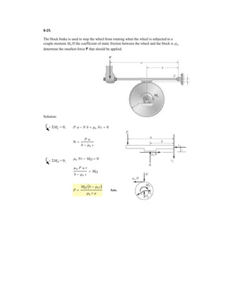 6–25.
Determine the force in each member of the truss in terms of
the external loading and state if the members are in tension
or compression.
SOLUTION
Joint B:
Ans.
Ans.
Joint C:
Ans.
Ans.
Joint D:
Ans.FDA = (cot 2u + 1)(cos 2u)(P) (C)
:+ ©Fx = 0; FDA - (cot 2u + 1)(cos 2u)P = 0
FCD = (cot 2u + 1)P (C)
FCA = (cotu cos u - sin u + 2 cos u)P (T)
FCA =
cot 2u + 1
cos u - sin ucot 2u
P
+ c©Fy = 0; FCD sin 2u - FCA sin u = 0
:+ ©Fx = 0; P cot 2u + P + FCD cos 2u - FCA cos u = 0
FBC = P cot 2u (C)
:+ ©Fx = 0; P csc 2u(cos 2u) - FBC = 0
FBA = P csc 2u (C)
+ c©Fy = 0; FBA sin 2u - P = 0
A
L
B
P
P
L C
L
D
L
u
 
