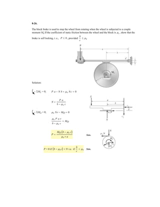 6–26.
The maximum allowable tensile force in the members of the
truss is and the maximum allowable
compressive force is Determine the
maximum magnitude P of the two loads that can be applied
to the truss.Take and u = 30°.L = 2 m
1Fc2max = 1.2 kN.
1Ft2max = 2 kN,
SOLUTION
Joint B:
Joint C:
Joint D:
1) Assume
(O.K.!)
Thus, Ans.Pmax = 732 N
FCD = 1.577(732.05) = 1154.7 N 6 (Fc)max = 1200 N
P = 732.05 N
FCA = 2 kN = 2.732 P
FDA = 0.7887 P (C)
:+ ©Fx = 0; FDA - 1.577 P sin 30° = 0
FCA = 2.732 P (T)
FCD = a
tan30° + 1
23 cos 30° - cos 60°
b P = 1.577 P (C)
:+ ©Fx = 0; P tan 30° + P + FCD cos 60° - FCA cos 30° = 0
FCA = FCD a
sin 60°
sin 30°
b = 1.732 FCD
+ c©Fy = 0; -FCA sin 30° + FCD sin 60° = 0
FBC = P tan 30° = 0.57735 P (C)
:+ ©Fx = 0; FAB sin 30° - FBC = 0
FBA =
P
cos 30°
= 1.1547 P (C)
+ c ©Fy = 0; FBA cos 30° - P = 0
(FC)max = 1.2 kN
(Tt)max = 2 kN A
L
B
P
P
L C
L
D
L
u
 