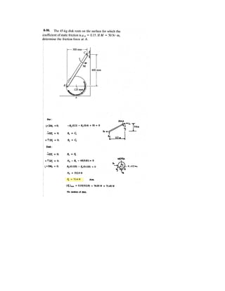 6–35.
Determine the force in members BC, HC, and HG. After
the truss is sectioned use a single equation of equilibrium
for the calculation of each force. State if these members are
in tension or compression.
SOLUTION
a
a
Ans.
a
Ans.
a
Ans.FHC = 2.24 kN (T)
+©MO¿ = 0; -2(2.5) + 8.25(2.5) - 4(7.5) +
3
234
FHC(12.5) = 0
FHG = 9.1548 = 9.15 kN (T)
+©MC = 0; -8.25(10) + 2(10) + 4(5) +
5
229
FHG(5) = 0
FBC = 10.4 kN (C)
+©MH = 0; -8.25(5) + 2(5) + FBC(3) = 0
Ay = 8.25 kN
+©ME = 0; -Ay (20) + 2(20) + 4(15) + 4(10) + 5(5) = 0
A C D
H
G
F
4 kN
3 m
2 m
5 m5 m5 m 5 m
B E
4 kN
5 kN
3 kN
2 kN
 
