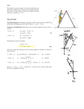 6–40.
SOLUTION
By inspection of joints B, D, H and I,
AB, BC, CD, DE, HI, and GI are zero-force members. Ans.
Joint E:
Ans.
Ans.FGF = 5.62 kN (T)
:+ ©Fx = 0;
3
5
(9.375) - FGF = 0
FJE = 9.375 = 9.38 kN (C)
+ c ©Fy = 0; 7.5 -
4
5
FJE = 0
Determine the force in members JE and GF of the truss
and state if these members are in tension or compression.
Also, indicate all zero-force members.
1.5 m 1.5 m 1.5 m
A
H
B C D
JI
G F
E
1.5 m
2 m
2 m
6 kN 6 kN
 