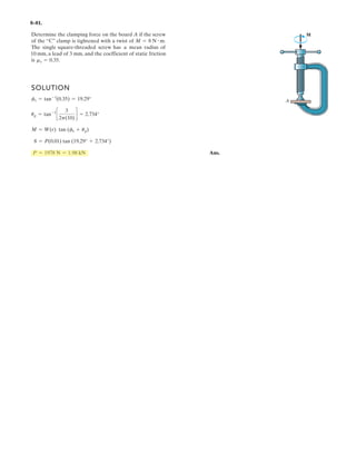 6–55.
Determine the force in each member of the space truss and
state if the members are in tension or compression. The
truss is supported by ball-and-socket joints at C, D, E, and G.
G
A
F 3 kN
B
C
E
y
z
x
D
1 m
2 m
2 m
1.5 m
1 m
SOLUTION
Due to symmetry: Ans.
Joint A:
Ans.
Ans.
Joint B:
Ans.
Ans.FBE = 1.80 kN (T)
FBG = 1.80 kN (T)
©Fz = 0;
2
3
FBE +
2
3
FBG - 2.4 = 0
©Fy = 0;
2
25
(1.342) -
2
3
FBE +
2
25
(1.342) -
2
3
FBG = 0
©Fx = 0;
1
25
(1.342) +
1
3
FBE -
1
25
(1.342) -
1
3
FBG = 0
FAG = FAE = 1.01 kN (T)
©Fy = 0;
3
5
(3) -
2
25
FAE -
2
25
FAG = 0
©Fx = 0; FAG = FAE
FAB = 2.4 kN (C)
©Fz = 0; FAB -
4
5
(3) = 0
FBC = FBD = 1.342 = 1.34 kN (C)
FBc + FBD = 2.683 kN
©(MEG)x = 0;
2
25
FBC(2) +
2
25
FBD(2) -
4
5
(3)(2) = 0
 