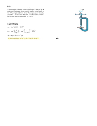 6–56.
The space truss is used to support vertical forces at joints B,
C, and D. Determine the force in each member and state if
the members are in tension or compression. There is a roller
at E, and A and F are ball-and-socket joints.
SOLUTION
Joint C:
Ans.
Ans.
Ans.
Joint B:
Ans.
Ans.
Joint D:
Ans.
Ans.
Ans.
Joint E:
Ans.
Ans.©Fy = 0; FEA = 0
©Fx = 0; FEF = 0
©Fz = 0; FDE = 9 kN (C)
©Fx = 0; FDF = 0
©Fy = 0; FAD = 0
©Fz = 0; FBA = 6 kN (C)
©Fy = 0; FBD = 0
©Fz = 0; FCF = 8 kN (C)
©Fy = 0; FCD = 0
©Fx = 0; FBC = 0
6 kN
8 kN
C
D
E
F
B
A
9 kN
0.75 m
90
1.5 m
1.25 m
1 m
 