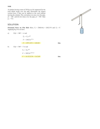 6–58.
Determine the force in members AF, AB, AD, ED, FD, and
BD of the space truss, and state if the members are in tension
or compression.
SOLUTION
Support Reactions: In this case, it will be easier to compute the support reactions
first. From the free-body diagram of the truss, Fig. a, and writing the equations of
equilibrium, we have
Method of Joints: Using the above results, we will begin by analyzing the equilibrium
of joint A, and then that of joints C and D.
Joint A: From the free-body diagram, Fig. b, we can write
Ans.
Ans.
Ans.
Joint C: From the free-body diagram of the joint in Fig. c, notice that , , and
the 600-N force lie in the x–z plane (shown shaded). Thus, if we write the force
equation of equilibrium along the y axis, we have
Joint D: From the free-body diagram, Fig. d,
(1)
(2)
(3)
Solving Eqs. (1) through (3) yields
Ans.
Ans.FBD = -360.56 N = 361 N (C)
FFD = 0 FED = -1400N = 1.40 kN (C)
FFD a
1.5
113
b + FED a
1.5
3.5
b + 600 = 0©Fz = 0;
FBD a
3
113
b + FED a
3
3.5
b + 1500 = 0©Fy = 0;
FBC - a
2
113
b + FFD a
1
3.5
b + FFDa
1
13.25
b + 600 = 0©Fx = 0;
FDC = 0©Fy = 0;
FCBFCE
FAD = 600 N (T)
1081.67a
1
13.25
b - FAD = 0©Fx = 0;
FAF = 1081.67 N = 1.08 kN (C)
900 - FAF a
1.5
13.25
b = 0©Fz = 0;
FAB = 1500 N = 1.50 kN (C)
1500 - FAB = 0©Fy = 0;
Dz = 600 N©Fz = 0; Dz + 900 - 900 - 600 = 0
Dy = 1500 N©Fy = 0; Dy + 1500 - 3000 = 0
©Fx = 0; Ax = 0
Ay = 1500 N©Mz = 0; Ay(2) - 3000(1) = 0
Az = 900 N©My = 0; 900(2) - Az(2) = 0
Fy = 3000 N©Mx = 0; Fy(1.5) - 900(3) - 600(3) = 0
x y
z
F
A
ED
C
B
3 m
1 m
1.5 m
1 m
900 N
600 N
 