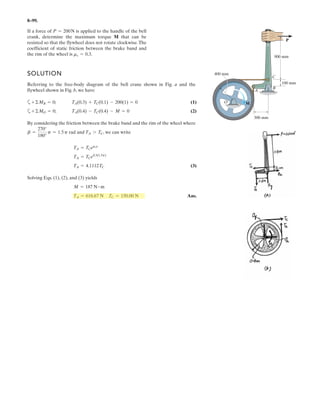 6–73.
SOLUTION
Equations of Equilibrium: From FBD(a),
a Ans.
From FBD(b),
a
Ans.
From FBD(c),
a
Ans.
Ans.
Ans.Ax = 0:+ ©Fx = 0;
Ay - 7.5 = 0 Ay = 7.5 kN+ c ©Fy = 0;
MA = 45.0 kN # m
MA - 7.50162 = 0+ ©MA = 0;
Dx = 0:+ ©Fx = 0;
Dy = 7.50 kN
Dy + 7.50 - 15 = 0+ c ©Fy = 0;
By = 7.50 kN
By 142 - 15122 = 0+ ©MD = 0;
Ex = 0:+ ©Fx = 0;
Ey - 0 = 0 Ey = 0+ c ©Fy = 0;
Cy 162 = 0 Cy = 0+ ©ME = 0;
The compound beam is fixed at A and supported by a
rocker at B and C. There are hinges (pins) at D and E.
Determine the reactions at the supports.
6 m
2 m
6 m
2 m 2 m
15 kN
A D B E
C
 