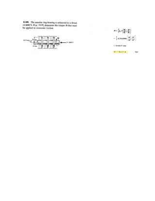 6
Determine the horizontal and vertical components of force that pins A and C exert on the
frame.
Units Used:
kN 10
3
N
Given:
F1 1 kN
F2 500 N
T 45 deg
a 0.2 m
b 0.2 m
c 0.4 m
d 0.4 m
Solution:
Guesses
Ax 1 N Ay 1 N
Cx 1 N Cy 1 N
Given
Ax Cx 0 Ay Cy F1 F2 0
F1a Ay 2 a Axd 0 F2 b Cy b c( ) Cxd 0
Ax
Ay
Cx
Cy
§
¨
¨
¨
¨
¨
©
·
¸
¸
¸
¸
¸
¹
Find Ax Ay Cx Cy  