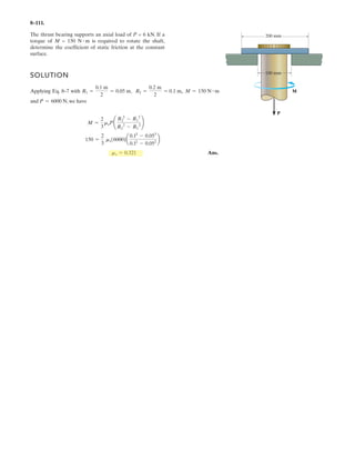 6
The compound beam is fixed supported at A and supported by rockers at B and C. If there are
hinges (pins) at D and E, determine the reactions at the supports A, B, and C.
Units Used:
kN 10
3
N
Given:
a 2 m M 48 kN m˜
b 4 m
w1 8
kN
m
c 2 m
w2 6
kN
md 6 m
e 3 m
Solution:
Guesses
Ax 1 N Ay 1 N MA 1 Nm
Dx 1 N Dy 1 N By 1 N
Ey 1 N Ex 1 N Cy 1 N
Given
Ay w2a Dy 0 Ax Dx 0
MA w2a
a
2
 Dya 0 Dy w1 b c( ) By Ey 0
Dx Ex 0
w1
b c( )
2
2
Byb Ey b c( ) 0
Ex 0
Ey w1
d e
2
 Cy 0
w1
d e
2
§
¨
©
·
¸
¹
d e
3
§
¨
©
·
¸
¹
Cyd M 0
84.–
 