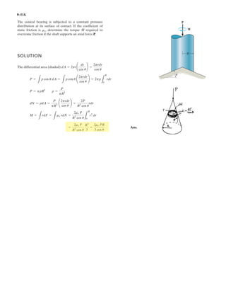 6–85.
The pruner multiplies blade-cutting power with the compound
leverage mechanism. If a 20-N force is applied to the handles,
determine the cutting force generated at A. Assume that the
contact surface at A is smooth.
SOLUTION
Equations of Equilibrium: Applying the moment equation of equilibrium about
point C to the free-body diagram of handle CDG in Fig. a, we have
Using the result of and applying the moment equation of equilibrium about
point B on the free-body diagram of the cutter in Fig. b, we obtain
Ans.FA = 130 N
169.71 sin 45°(55) + 169.71 cos 45°(10) - NA (60) = 0+©MB = 0;
FDE
FDE = 169.71N
20(150) - FDE sin 45°(25) = 0+©MC = 0;
25 mm 30 mm
45A
E
F
G
10 mm
150 mm
20 N
20 N
60 mm
B
C
D
 