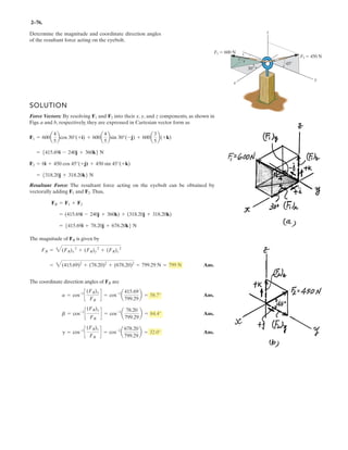 2–6 . Determine the magnitude and coordinate direction
angles of the resultant force acting on the bracket.
y
z
F2 ϭ 600 N
F1 ϭ 450 N
45Њ
30Њ
45Њ
60Њ
x
2
 