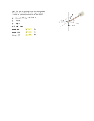 2-
Determine the magnitude and coordinate direction angles of the force F acting on the stake.
Given:
Fh 40N:=
θ deg:=
c 3:=
d 4:=
Solution:
F Fh
c
2
d
2
+
d
⋅:=
F 50N=
Fx Fh cos θ( )⋅:= Fy Fh sin θ( )⋅:= Fz
c
c
2
d
2
+
F⋅:=
Fx N= Fy 30.6 N= Fz 30N=
α acos
Fx
F
⎛
⎜
⎝
⎞
⎟
⎠
:= β acos
Fy
F
⎛
⎜
⎝
⎞
⎟
⎠
:= γ acos
Fz
F
⎛
⎜
⎝
⎞
⎟
⎠
:=
α deg= β deg= γ 53.1 deg=
6 5
50
25.7
59 .1 52.2
.
Ans.
Ans. Ans. Ans.
 