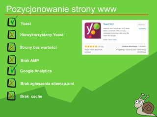 Pozycjonowanie strony www
Yoast
Niewykorzystany Yoast
Strony bez wartości
Brak zgłoszenia sitemap.xml
Google Analytics
Bra...