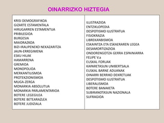 KRISI DEMOGRAFIKOA
GIZARTE ESTAMENTALA
HIRUGARREN ESTAMENTUA
PRIBILEGIOA
BURGESIA
MAIORAZKOA
BIZI-IRAUPENEKO NEKAZARITZA
JAUN-ERREGIMENA
ESKU HILAK
HAMARRENA
GREMIOA
MONOPOLIOA
MERKANTILISMOA
PROTEKZIONISMOA
MUGA-ZERGA
MONARKIA ABSOLUTUA
MONARKIA PARLAMENTARIOA
BOTERE LEGEGILEA
BOTERE BETEARAZLEA
BOTERE JUDIZIALA
ILUSTRAZIOA
ENTZIKLOPEDIA
DESPOTISMO ILUSTRATUA
FISIOKRAZIA
LIBREKANBISMOA
ESKAINTZA ETA ESKAERAREN LEGEA
DESAMORTIZAZIOA
ONDORENGOTZA GERRA ESPAINIARRA
FELIPE V.a
EUSKAL FORUAK
KAPARETASUN UNIBERTSALA
EUSKAL BARNE ADUANAK
OINARRI BERRIKO DEKRETUAK
DESPOTISMO ILUSTRATUA
LIBERALISMOA
BOTERE BANAKETA
SUBIRANOTASUN NAZIONALA
SUFRAGIOA
OINARRIZKO HIZTEGIA
 