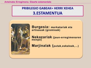 PRIBILEGIO GABEAK= HERRI XEHEA
3.ESTAMENTUA
Antzinako Erregimena. Gizarte estamentala
 