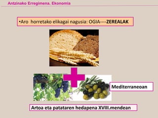 •Aro horretako elikagai nagusia: OGIA----ZEREALAK
Artoa eta patataren hedapena XVIII.mendean
Mediterraneoan
Antzinako Erregimena. Ekonomia
 