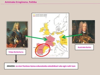 Austriako Karlos
Felipe Borboitarra
ARAZOA: ez zion frantses koroa eskuratzeko eskubideari uko egin nahi izan
Antzinako Erregimena. Politika
 