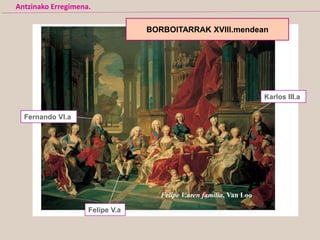 Fernando VI.a
Felipe V.a
Karlos III.a
Felipe V.aren familia, Van Loo
Antzinako Erregimena.
BORBOITARRAK XVIII.mendean
 