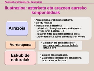 • Arrazoimena erabiltzeko beharra.
• Izpiritu kritikoa
• Tradizioaren bazterketa:
• Aintzinako Erregimena (ezberdintasuna,
erregeraren boterea, …)
• Elizaren hitza zalantzan jartzeko prest
• Autoritatea eta aginte arbitrarioaren kontra
Arrazoia
• Zientziari eta teknikari esker
arazoen aurreko konponbideak
lortuko dira
Aurrerapena
• Gizakia ardatz nagusia.
• Gizakiaren eskubideak: askatasuna,
jabetza, zoriontasuna.
Eskubide
naturalak
Antzinako Erregimena. Ilustrazioa
 