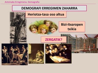 DEMOGRAFI ERREGIMEN ZAHARRA
Heriotza-tasa oso altua
Antzinako Erregimena. Demografia
Bizi-itxaropen
txikia
ZERGATIK?
 