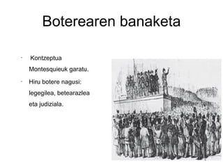 Boterearen banaketa

•
    Kontzeptua
    Montesquieuk garatu.
•
    Hiru botere nagusi:
    legegilea, betearazlea
    eta judiziala.
 