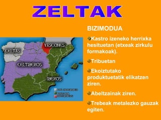 BIZIMODUA
Kastro izeneko herrixka
hesituetan (etxeak zirkulu
formakoak).
Tribuetan
Ekoiztutako
produktuetatik elikatzen
ziren.
Abeltzainak ziren.
Trebeak metalezko gauzak
egiten.
 