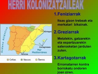 1.Feniziarrak
Itsas gizon trebeak eta
merkatari bikainak.
2.Greziarrak
Metalekin, gatzarekin
eta espartzuarekin
salerosketan jarduten
zuten.
3.Kartagotarrak
Erromatarren kontra
borrokatu ondoren
joan ziren.
 