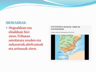 IBERIARRAK:
 Hegoaldean eta
ekialdean bizi
ziren.Tributan
antolatuta zeuden eta
nekazariak,abeltzainak
eta artisauak ziren.
 
