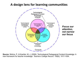 A design lens for learning communitiesFocus our attention, not narrow our focusSource: Mishra, P., & Koehler, M. J. (2006). Technological Pedagogical Content Knowledge: A new framework for teacher knowledge. Teachers College Record. 108(6), 1017-1054. 6
