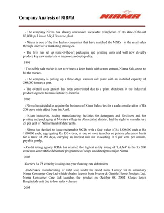 Company Analysis of NIRMA


  - The company Nirma has already announced successful completion of it's state-of-the-art
 80,000 tpa Linear Alkyl Benzene plant.
  - Nirma is one of the few Indian companies that have matched the MNCs in the retail sales
 through innovative marketing strategies.
  - The firm has set up state-of-the-art packaging and printing units and will now directly
 produce key raw materials to improve product quality.
  1999
  - The edible salt market is set to witness a keen battle with a new entrant, Nirma Salt, about to
 hit the market.
  - The company is putting up a three-stage vacuum salt plant with an installed capacity of
 280,000 tonnes a year.
  - The overall sales growth has been constrained due to a plant shutdown in the industrial
 product segment to manufacture N-Paraffin.
  2000
  - Nirma has decided to acquire the business of Kisan Industries for a cash consideration of Rs
 200 crore with effect from 1st April.
  - Kisan Industries, having manufacturing facilities for detergents and fertilisers and for
 printing and packaging at Moraiya village in Ahmedabad district, had the right to manufacture
 20 per cent of Nirma brand of detergents.
  - Nirma has decided to issue redeemable NCDs with a face value of Rs 1,00,000 each at Rs
 1,00,000 each, aggregating Rs 150 crores, in one or more tranches on private placement basis
 for a tenor of 350 days, carrying an interest rate not exceeding 11.5 per cent per annum,
 payable yearly.
  - Credit rating agency ICRA has retained the highest safety rating of `LAAA' to the Rs 200
 crore non-convertible debenture programme of soaps and detergents major Nirma
  2002
  -Garners Rs 75 crore by issuing one-year floating-rate debentures
  -Undertakes manufacturing of toilet soap under the brand name 'Camay' for its subsidiary
 Nirma Consumer Care Ltd which obtains license from Procter & Gamble Home Products Ltd.
 Nirma Consumer Care Ltd launches the product on October 08, 2002 -Closes down
 Bangladesh unit due to low sales volumes
  2003
 