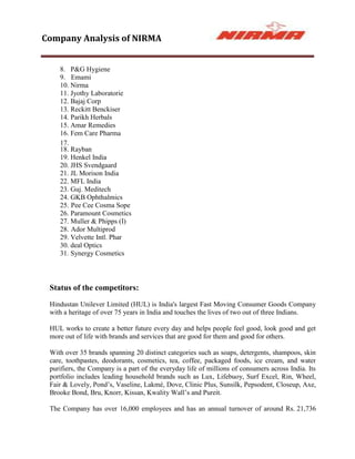 Company Analysis of NIRMA


    8. P&G Hygiene
    9. Emami
    10. Nirma
    11. Jyothy Laboratorie
    12. Bajaj Corp
    13. Reckitt Benckiser
    14. Parikh Herbals
    15. Amar Remedies
    16. Fem Care Pharma
    17.
    18. Rayban
    19. Henkel India
    20. JHS Svendgaard
    21. JL Morison India
    22. MFL India
    23. Guj. Meditech
    24. GKB Ophthalmics
    25. Pee Cee Cosma Sope
    26. Paramount Cosmetics
    27. Muller & Phipps (I)
    28. Ador Multiprod
    29. Velvette Intl. Phar
    30. deal Optics
    31. Synergy Cosmetics




 Status of the competitors:
 Hindustan Unilever Limited (HUL) is India's largest Fast Moving Consumer Goods Company
 with a heritage of over 75 years in India and touches the lives of two out of three Indians.

 HUL works to create a better future every day and helps people feel good, look good and get
 more out of life with brands and services that are good for them and good for others.

 With over 35 brands spanning 20 distinct categories such as soaps, detergents, shampoos, skin
 care, toothpastes, deodorants, cosmetics, tea, coffee, packaged foods, ice cream, and water
 purifiers, the Company is a part of the everyday life of millions of consumers across India. Its
 portfolio includes leading household brands such as Lux, Lifebuoy, Surf Excel, Rin, Wheel,
 Fair & Lovely, Pond‟s, Vaseline, Lakmé, Dove, Clinic Plus, Sunsilk, Pepsodent, Closeup, Axe,
 Brooke Bond, Bru, Knorr, Kissan, Kwality Wall‟s and Pureit.

 The Company has over 16,000 employees and has an annual turnover of around Rs. 21,736
 