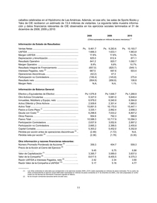 caballos celebradas en el Hipódromo de Las Américas. Además, en ese año, las salas de Sports Books y
Yaks de CIE recibieron un estimado de 13.4 millones de visitantes. La siguiente tabla muestra informa-
ción y datos financieros relevantes de CIE observados en los ejercicios sociales terminados el 31 de
diciembre de 2008, 2009 y 2010:

                                                                                                 2008                         2009                         2010
                                                                                                  (Cifras expresadas en millones de pesos mexicanos) (1)

Información de Estado de Resultados:
Ventas Netas ......................................................................        Ps.     9,461.7               Ps. 9,283.6               Ps. 10,193.7
UAFIDA ..............................................................................              1,666.3                   1,633.1                    1,963.8
Margen UAFIDA .................................................................                     17.6%                     17.6%                      19.3%
Depreciación y Amortización………………………………..                                                            825.0                     812.4                      871.1
Resultado Operativo ..........................................................                       841.2                     820.7                    1,092.7
Margen Operativo ..............................................................                       8.9%                      8.8%                     10.7%
Resultado Integral de Financiamiento ................................                              (657.0)                   (820.7)                    (549.1)
                                (2)
Intereses Pagados, neto ………………………………..                                                               687.5                     697.6                      503.4
Operaciones discontinuas……………………………………                                                               (42.2)                     47.3                          -
Participación no Controladora .............................................                         (106.4)                  (145.8)                      275.6
Resultado neto ...................................................................                  (954.6)                  (956.8)                      108.8
Margen Neto …………………………………………………..                                                                       N.A.                     N.A.                     1.1%

Información de Balance General:
Efectivo y Equivalentes de Efectivo ………………………...                                              Ps.1,076.8                   Ps.1,646.7                   Ps.1,268.9
Otro Activos Circulantes .....................................................                   5,327.0                      5,681.0                      5,648.4
Inmuebles, Mobiliario y Equipo, neto .................................                           6,978.0                      6,540.9                      6,564.8
Activo Diferido y Otros Activos ...........................................                      2,509.6                      2,301.4                      1,965.0
Activo Total .........................................................................         15,891.5                     16,170.0                     15,447.1
                            (3
Pasivo a Corto Plazo ......................................................                      3,335.1                      2,892.4                      2,698.3
                      (4)
Deuda con Costo            ...........................................................           6,298.6                      7,033.2                      6,807.2
Otros Pasivos………………………………………………..                                                                  954.6                        792.3                        588.8
Pasivo Total ........................................................................          10,588.3                     10,717.9                     10,094.3
Participación Controladora …………………………………..                                                       2,637.9                      3,052.6                      2,897.2
Participación no Controladora ……………………………….                                                      2,665.3                      2,399.5                      2,455.6
Capital Contable .................................................................               5,303.2                      5,452.0                      5,352.8
                                                                                (4)
Pérdida por acción antes de operaciones discontinuas ..                                            (2.48)                       (1.72)                         N.A.
                                (4)
Pérdida neta por acción              .................................................             (2.36)                       (1.78)                       (0.30)

Otra información y razones financieras relevantes:
                                                (5)
Número Promedio Ponderado de Acciones               ………………                                            359.3                        454.7                       559.3
                                            (6)
Precio de la Acción al Cierre del Ejercicio
………………..                                                                                              9.45                         6.75                         6.86
                         (7)
Valor de Capitalización …………………………………...                                                           3,395.7                      3,069.0                      3,837.0
                       (8)
Valor de la Compañía …………………………………….                                                               8,617.5                      8,455.5                      9,375.3
                                               (9)
Razón UAFIDA a Intereses Pagados, neto ……………..                                                        2.42                         2.34                         3.90
                                          (10)
Razón Valor de la Compañía a UAFIDA             ………………..                                              5.17                         5.18                         4.77
__________
      (1)    Las cifras contenidas en esta tabla que corresponden a los ejercicios sociales 2009 y 2010, están expresadas en millones de pesos nominales. Por su parte, las
             cifras correspondientes al ejercicio social 2008 están expresadas en millones de pesos constantes al 31 de diciembre de 2008, y han sido preparadas en confor-
             midad con las Normas de Información Financiera vigentes en México.
      (2)    No se incluyen comisiones bancarias dentro de este rubro.




                                                                                    11
 
