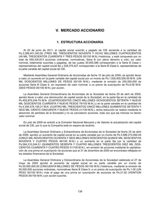 V. MERCADO ACCIONARIO


                                 1. ESTRUCTURA ACCIONARIA

     Al 20 de junio de 2011, el capital social suscrito y pagado de CIE asciende a la cantidad de
Ps.3,398,401,343.00 (TRES MIL TRESCIENTOS NOVENTA Y OCHO MILLONES CUATROCIENTOS
UN MIL TRESCIENTOS CUARENTA Y TRES PESOS 00/100 M.N.) históricos, y está compuesto por un
total de 559,330,813 acciones ordinarias, nominativas, Serie B con pleno derecho a voto, sin valor
nominal, totalmente suscritas y pagadas, de las cuales 30,955,386 corresponden a la Serie B Clase I,
representativas del capital social fijo y 528,375,427 corresponden a la Serie B Clase II, representativas de
la parte variable del capital social de CIE.

    Mediante Asamblea General Ordinaria de Accionistas de fecha 10 de julio de 2009, se aprobó llevar
a cabo un aumento en la parte variable del capital social por un monto de Ps.1’200,000,000.00 M.N. (UN
MIL DOSCIENTOS MILLONES DE PESOS 00/100 M.N.), mediante la emisión de 200,000,000 de
acciones Serie B Clase II, sin expresión de valor nominal, a un precio de suscripción de Ps.6.00 M.N.
(SEIS PESOS 00/100 M.N.) por acción.

    La Asamblea General Extraordinaria de Accionistas de la Sociedad de fecha 29 de abril de 2009,
aprobó llevar a cabo una disminución de capital social de la Sociedad, en la parte fija en la cantidad de
Ps.405,879,249.79 M.N. (CUATROCIENTOS CINCO MILLONES OCHOCIENTOS SETENTA Y NUEVE
MIL DOSCIENTOS CUARENTA Y NUEVE PESOS 79/100 M.N.) y en la parte variable en la cantidad de
Ps.4,305,576,159.21 M.N. (CUATRO MIL TRESCIENTOS CINCO MILLONES QUINIENTOS SETENTA Y
SEIS MIL CIENTO CINCUENTA Y NUEVE PESOS 21/100 M.N.), dicha reducción se realizó mediante la
absorción de pérdidas de la Sociedad y no se cancelaron acciones, toda vez que las mismas no tienen
valor nominal.

    En julio de 2009 se solicitó a la Comisión Nacional Bancaria y de Valores la actualización del capital
social de CIE, por lo que la Compañía está en espera de recibirlo.

    La Asamblea General Ordinaria y Extraordinaria de Accionistas de la Sociedad de fecha 25 de abril
de 2006, aprobó un aumento de capital social en su parte variable por un monto de Ps.5,986,215,694.49
(CINCO MIL NOVECIENTOS OCHENTA Y SEIS MILLONES DOSCIENTOS QUINCE MIL SEISCIENTOS
NOVENTA Y CUATRO PESOS 49/100 M.N.) y un aumento en la parte fija por la cantidad de
Ps.564,310,244.51 (QUINIENTOS SESENTA Y CUATRO MILLONES TRESCIENTOS DIEZ MIL DOS-
CIENTOS CUARENTA Y CUATRO PESOS 51/100 M.N.), sin emisión de acciones mediante la capitaliza-
ción de una prima en suscripción de acciones que al 31 de diciembre de 2005 se encontraba reflejada en
los estados financieros de la Sociedad.

    La Asamblea General Ordinaria y Extraordinaria de Accionistas de la Sociedad celebrada el 27 de
mayo de 2005 aprobó el aumento de capital social en su parte variable por un monto de
Ps.50,000,000.00 (CINCUENTA MILLONES DE PESOS 00/100 M.N.) históricos, mediante la emisión de
50,000,000 acciones ordinarias, nominativas Serie B Clase II, a un precio de suscripción de Ps.1.00 (UN
PESO 00/100 M.N.) más el pago de una prima en suscripción de acciones de Ps.21.00 (VEINTIÚN
PESOS 00/100 M.N.) por acción suscrita.




                                                    139
 