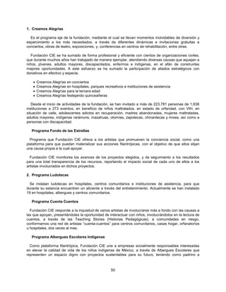 1. Creamos Alegrías

  Es el programa eje de la fundación, mediante el cual se llevan momentos inolvidables de diversión y
esparcimiento a los más necesitados, a través de diferentes dinámicas e invitaciones gratuitas a
conciertos, obras de teatro, exposiciones, y, conferencias en centros de rehabilitación, entre otras.

   Fundación CIE se ha sumado de forma profesional y eficiente con cientos de organizaciones civiles,
que durante muchos años han trabajado de manera ejemplar, atendiendo diversas causas que aquejan a
niños, jóvenes, adultos mayores, discapacitados, enfermos e indígenas, en el afán de construirles
mejores oportunidades. A este esfuerzo se ha sumado la participación de aliados estratégicos con
donativos en efectivo y especie.

   •   Creamos Alegrías en conciertos
   •   Creamos Alegrías en hospitales, parques recreativos e instituciones de asistencia
   •   Creamos Alegrías para la tercera edad
   •   Creamos Alegrías festejando quinceañeras

   Desde el inicio de actividades de la fundación, se han invitado a más de 223,781 personas de 1,636
instituciones a 273 eventos, en beneficio de niños maltratados, en estado de orfandad, con VIH, en
situación de calle, adolescentes adictos en recuperación, madres abandonadas, mujeres maltratadas,
adultos mayores, indígenas rarámuris, mazahuas, otomíes, zapotecas, chinantecas y mixes, así como a
personas con discapacidad.

   Programa Fondo de las Estrellas

  Programa que Fundación CIE ofrece a los artistas que promueven la conciencia social, como una
plataforma para que puedan materializar sus acciones filantrópicas, con el objetivo de que ellos elijan
una causa propia a la cual apoyar.

  Fundación CIE monitorea los avances de los proyectos elegidos, y da seguimiento a los resultados
para una total transparencia de los recursos, reportando el impacto social de cada uno de ellos a los
artistas involucrados en dichos proyectos.

2. Programa Ludotecas

  Se instalan ludotecas en hospitales, centros comunitarios e instituciones de asistencia, para que
durante su estancia encuentren un aliciente a través del entretenimiento. Actualmente se han instalado
19 en hospitales, albergues y centros comunitarios.

   Programa Cuenta Cuentos

  Fundación CIE responde a la inquietud de varios artistas de involucrarse más a fondo con las causas a
las que apoyan, presentándoles la oportunidad de interactuar con niños, involucrándolos en la lectura de
cuentos, a través de las Teaching Stories (Historias Pedagógicas), a comunidades en riesgo,
conformamos una red de artistas “cuenta-cuentos” para centros comunitarios, casas hogar, orfanatorios
u hospitales, dos veces al mes.

   Programa Albergues Escolares Indígenas

  Como plataforma filantrópica, Fundación CIE une a empresas socialmente responsables interesadas
en elevar la calidad de vida de los niños indígenas de México, a través de Albergues Escolares que
representen un espacio digno con proyectos sustentables para su futuro, teniendo como padrino a



                                                    50
 